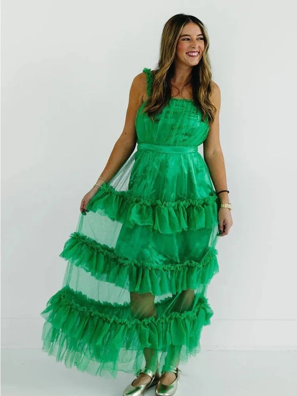 Triple Threads Green Ruffled Tiered Tulle Midi Dress